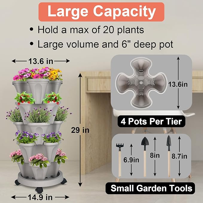 GameXcel Vertical Planter 5 Tier Stackable Planters Garden Planters Strawberry - Image 2