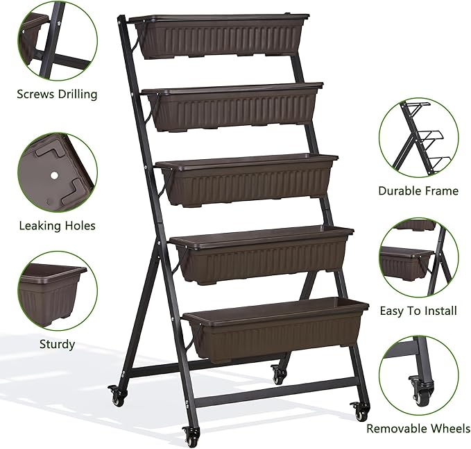 VECELO 5-Tier Vertical Garden Bed, Freestanding Elevated Raised Garden Planter - Image 3