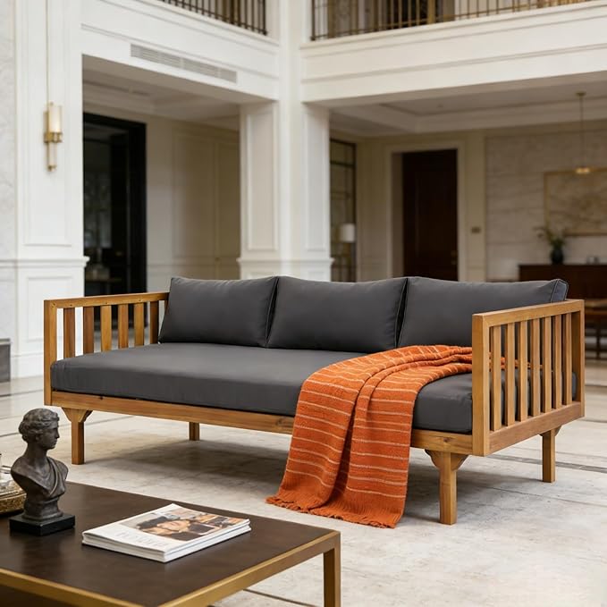 Merax Solid Acacia Wood Couch Chaise Lounge Chair Indoor, 3 Seater Daybed Sofa - Image 5
