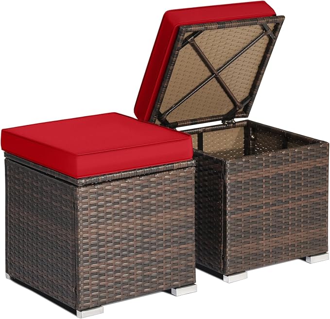 RELAX4LIFE Wicker Outdoor Storage Ottoman, 2-Piece Rattan Footstool w/Removable by RELAX4LIFE