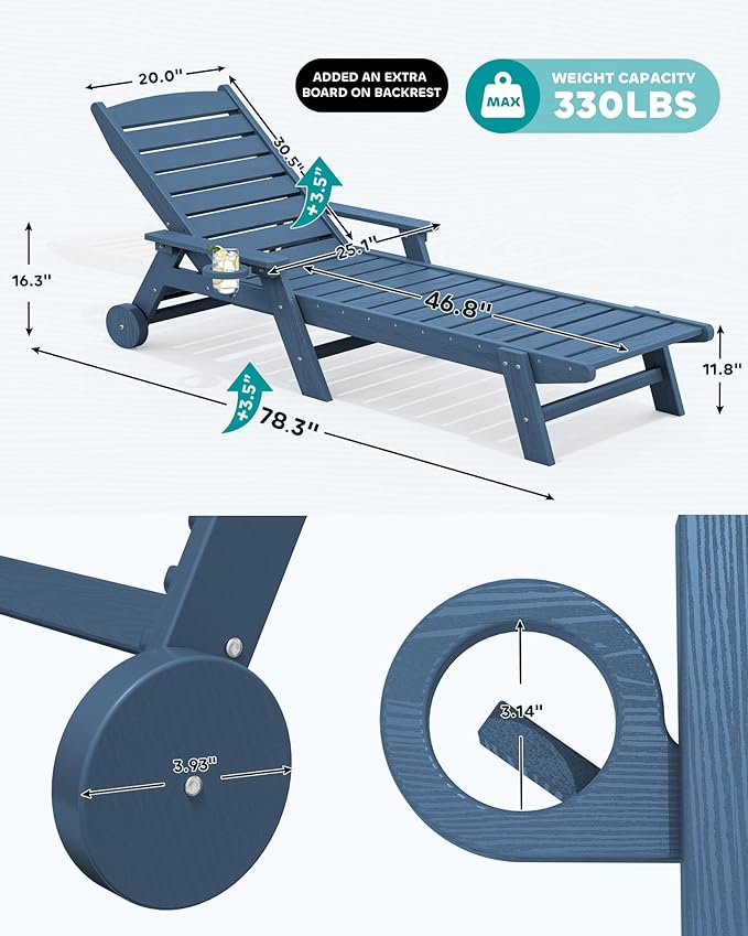 SERWALL Patio Chaise Lounge Chair, Poly Lounge Chair - Image 3