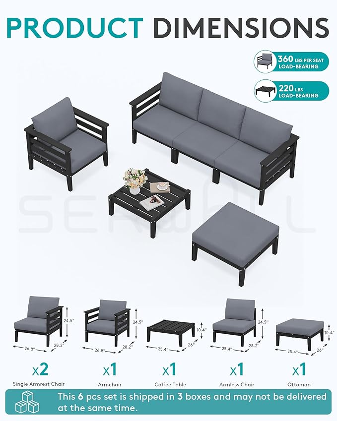 SERWALL HDPE Patio Furniture Set, 6 Pieces Outdoor Sectional Sofa Set, - Image 2