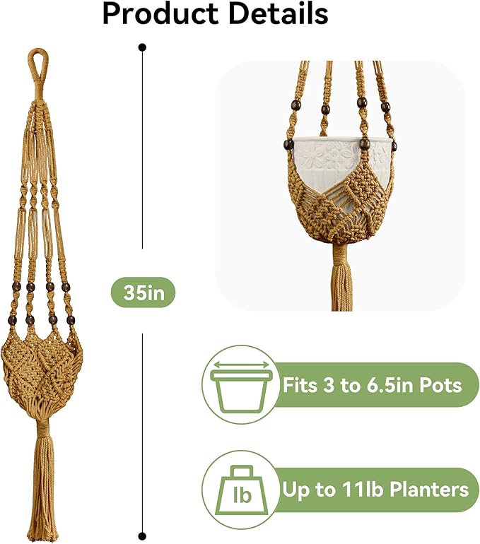 USLAI Macrame Plant Hanger Indoor Outdoor, Fits 3 to 6.5 inch Pots, Hanging - Image 3
