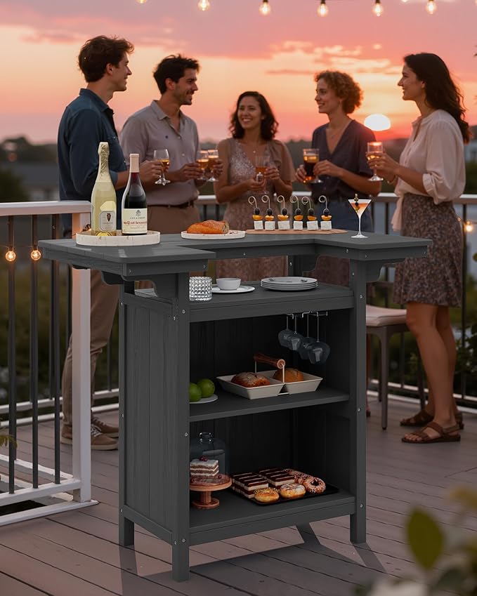 SERWALL Outdoor Bar Table Set – HDPE Grey Patio Bar Cabinet - Image 9