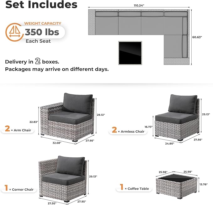 ovios 6 Pieces Patio Furniture Set, Outdoor Wicker Sectional Sofa - Image 2