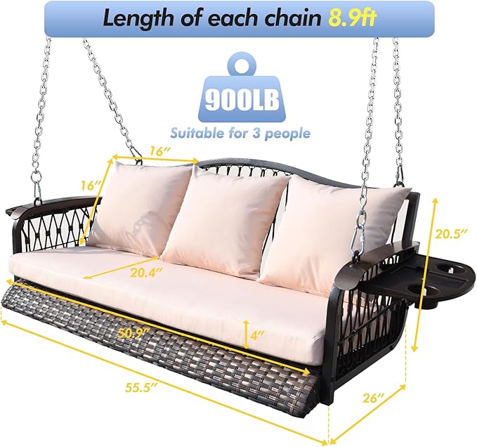 Wicker Porch Swing Heavy Duty 900 LBS 3-Seat Outdoor Patio Swing Chair - Image 7