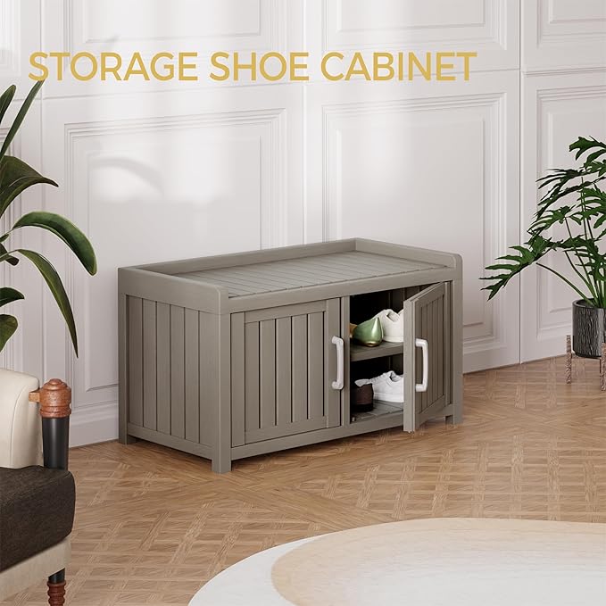 Storage Bench - 2 Doors Waterproof Resin Shoe Bench - Indoor & Outdoor Use - Image 8