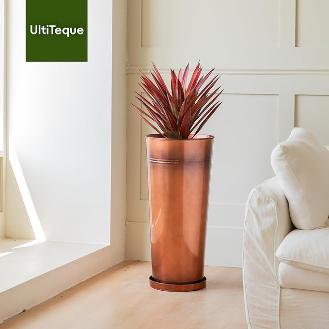 28in Tall Copper Planters Set of 2, Galvanized Steel Tall Outdoor Planter - Image 4
