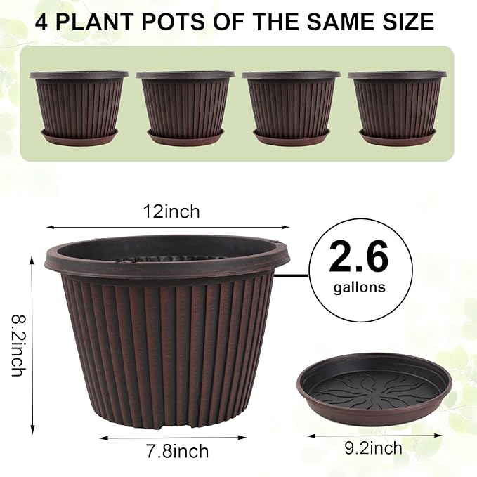 Large-Planter-Indoor-Outdoor Plant Pots, 12 inch 4 Pack Plastic Flower Pots - Image 4