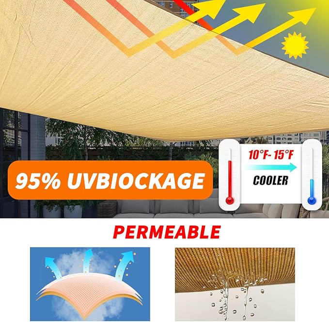 20' x 20' Sand Rectangle Sun Shade Sail Outdoor Canopy Awning UPF50+, 95% UV - Image 2