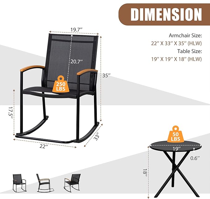Shintenchi 3 Piece Outdoor Rocking Bistro Set, Textilene Fabric Small Patio - Image 6