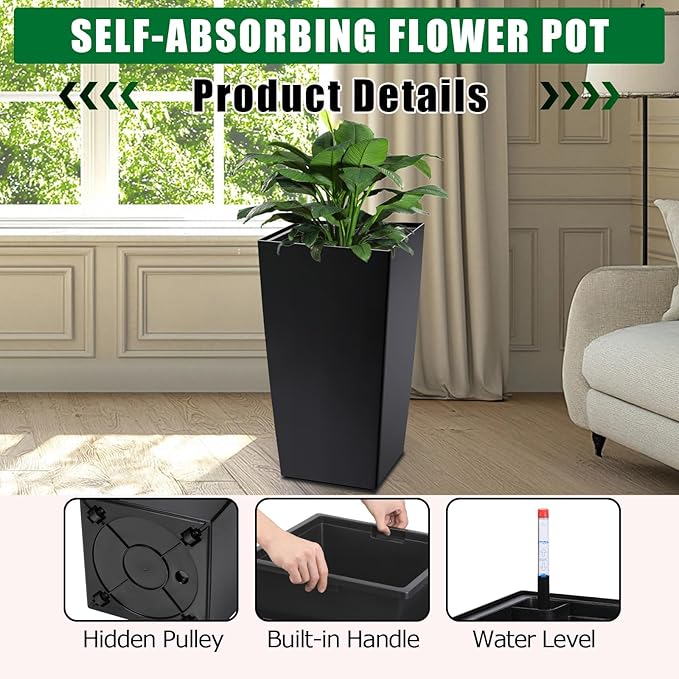 30 Inch Tall Self Watering Planters Set of 2, Outdoor Plant Pots - Image 6