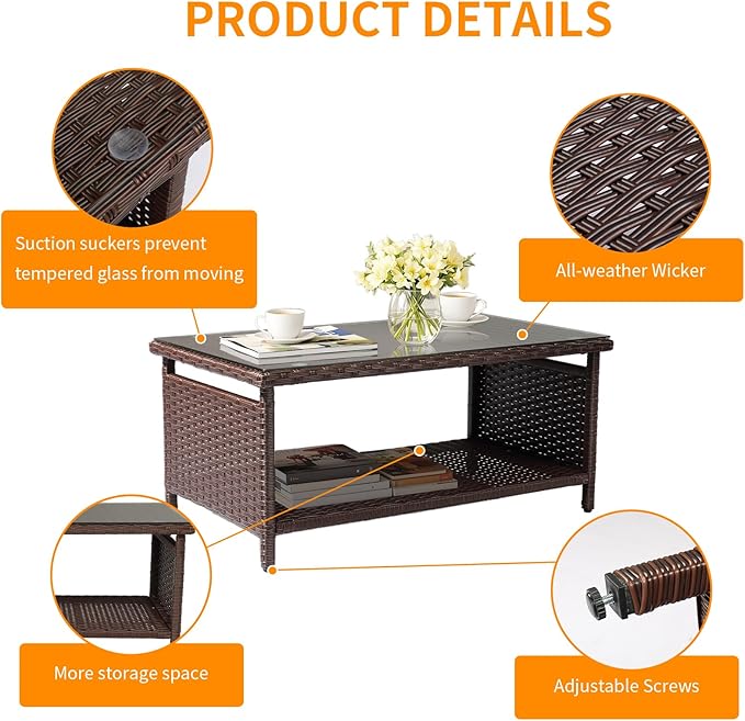 VINGLI Outdoor Wicker CoffeeTable Patio Coffee Tables - Image 5
