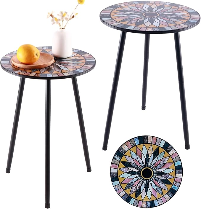 Party Zealot Metal Mosaic Round Side Tables Set of Two 13.4" Small Outdoor by PartyZealot