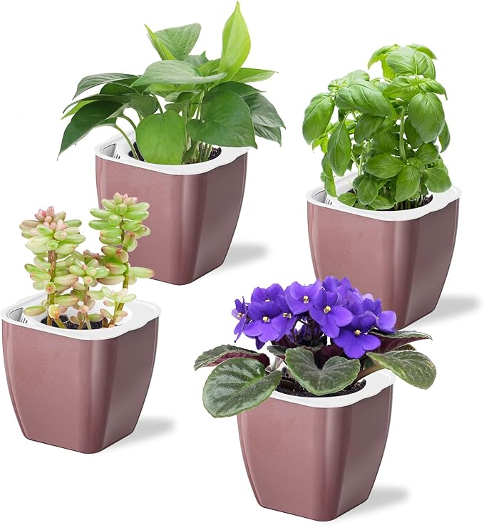4 Pack Self Watering Pots 4-inch Decorative Flower Planters by Oliz