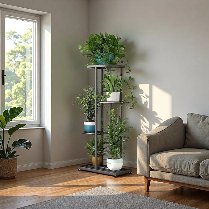 LINZINAR Plant Stand Indoor Outdoor Corner 4 Tier Metal Plant Shelf Patio Plant - Image 2