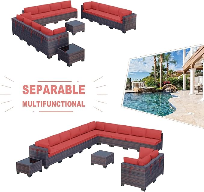 Kullavik 14 Pieces Outdoor Patio Furniture Set PE Wicker Rattan Sectional Sofa - Image 5