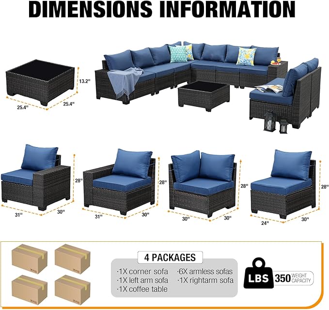 10 Pieces Patio Furniture Set All-Weather Outdoor Wicker Sectional Conversation - Image 3