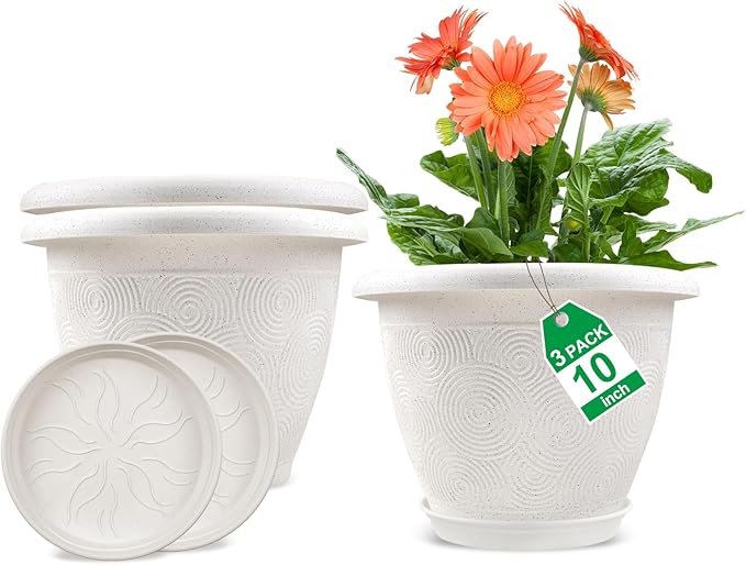 Plastic Flower Pots Planters For Indoor Plants, 3 Pack 10 Inch White Plant Pots by Fodetyff