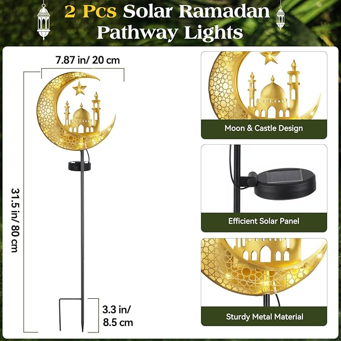 Lewondr 2Pcs Ramadan Solar Lights, Ramadan Decorations Outdoor, Metal Yard - Image 5