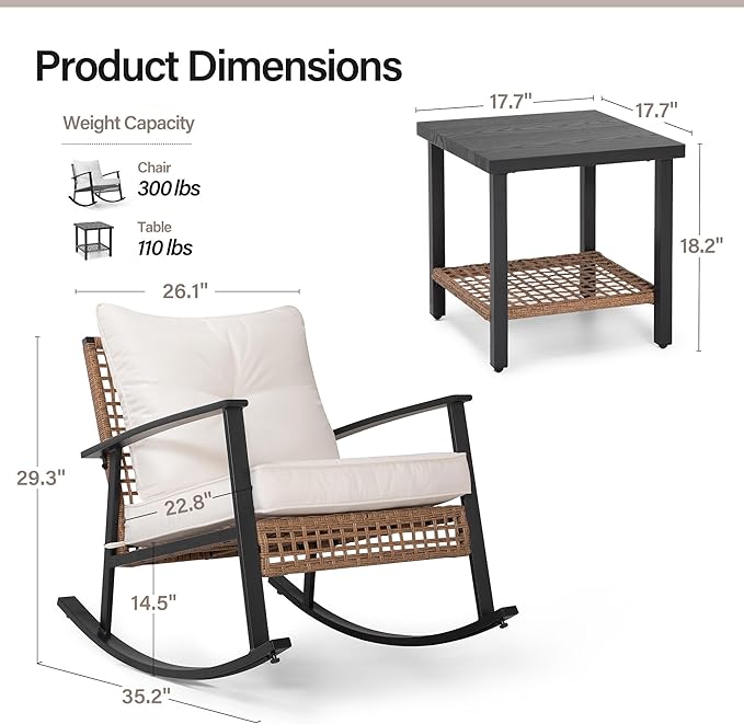 LAUSAINT HOME 3-Piece Rocking Bistro Set, Outdoor Patio Furniture - Image 6