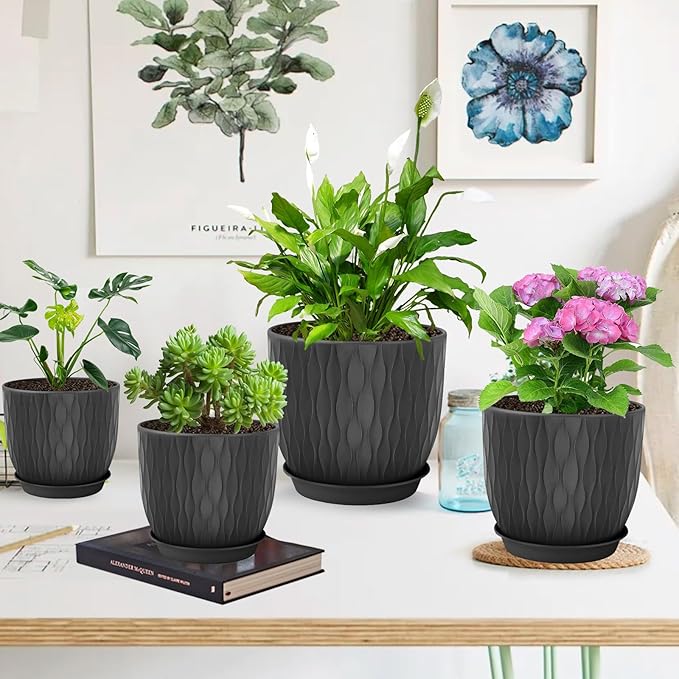 Plastic Plant Pots 10/9/8/7.5/7 inch Set of 5, Flower Planters - Image 7