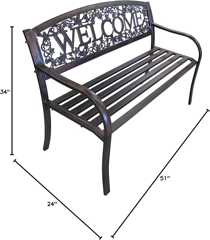 Leigh Country Metal Outdoor Bench, Welcome Design, Decorative Patio Seating - Image 3