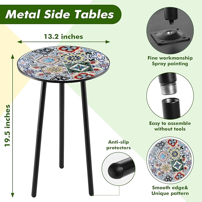 2 Packs Metal Mosaic Round Side Tables 13.4" Small Outdoor Patio Round Accent - Image 3