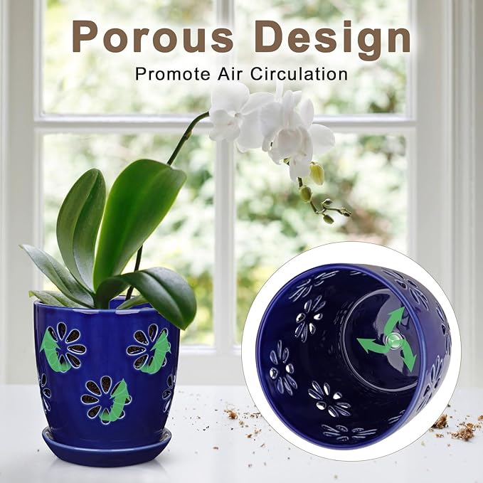 Oairse 6 inch Orchid Pots with Holes, Royal Blue Ceramic Orchid Pot - Image 4