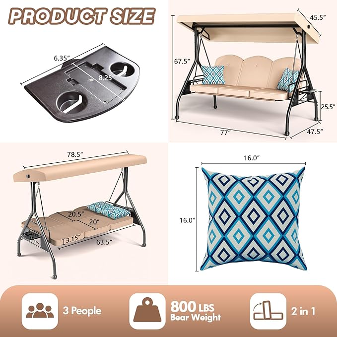 3 Seat Outdoor Porch Patio Swing - Image 7