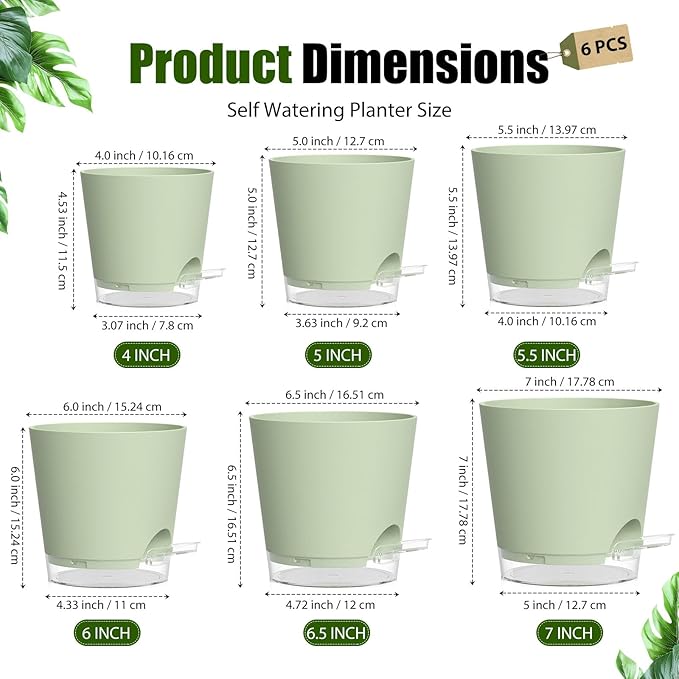 Plant Pots 4/5/5.5/6/6.5/7 Inch Self Watering Pots, 6 Pack Plastic Planters - Image 5
