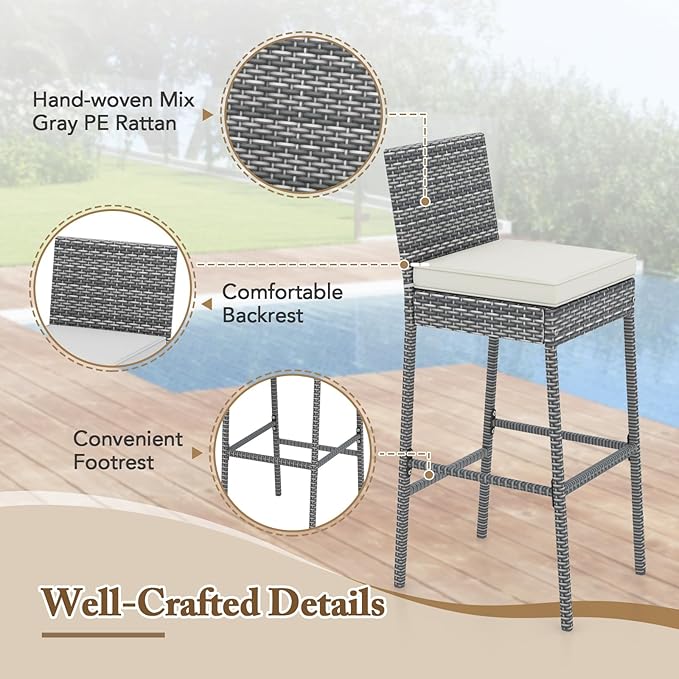 HAPPYGRILL Patio Wicker Barstools Set of 2, Outdoor Bar Height Chair w/Soft - Image 7