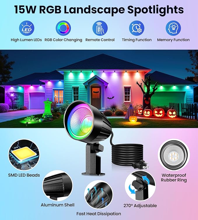 MEIKEE 15W RGB Landscape Spot Lights Outdoor, RGBW Color Changing Landscape - Image 2