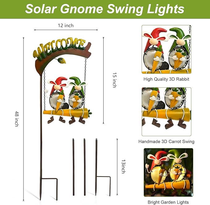 HONGLAND Outdoor Decor Solar Lights, Hanging Gnomes Swing Gardening Gifts - Image 8