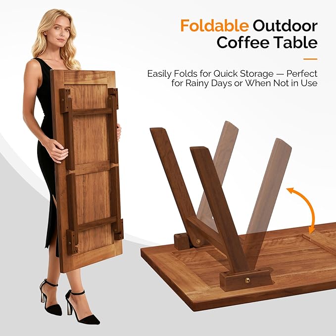 VINGLI Outdoor Folding Coffee Table, Natural Poplar Wood Patio Coffee Table - Image 4