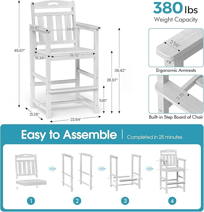 Ciokea Heavy Duty Bar Height Chair, 380lbs Outdoor Adirondack Tall Bar Chair - Image 2