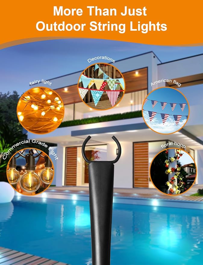 2 Pack String Light Poles for Outside, Thickened Metal Lights Hanger Pole - Image 3