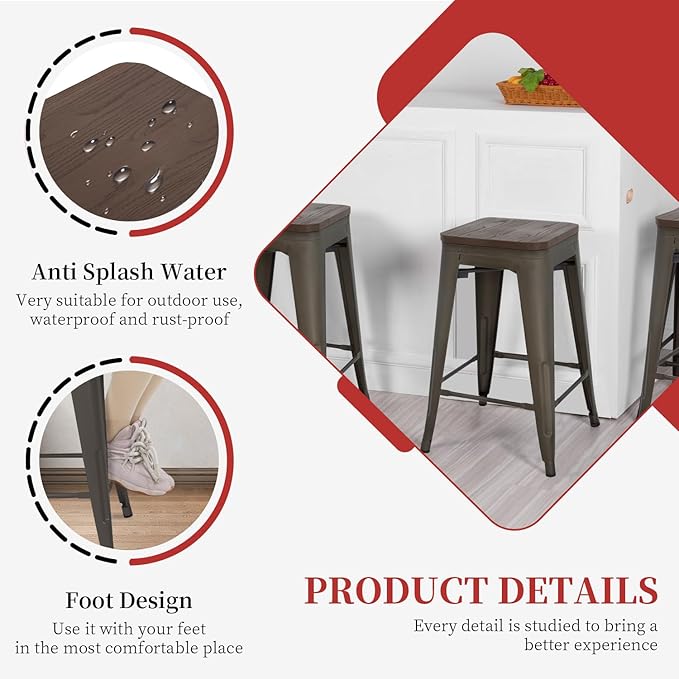 FDW Metal Bar Stools Set of 4 Counter Height Bar Stools 24 Inches Industrial - Image 6