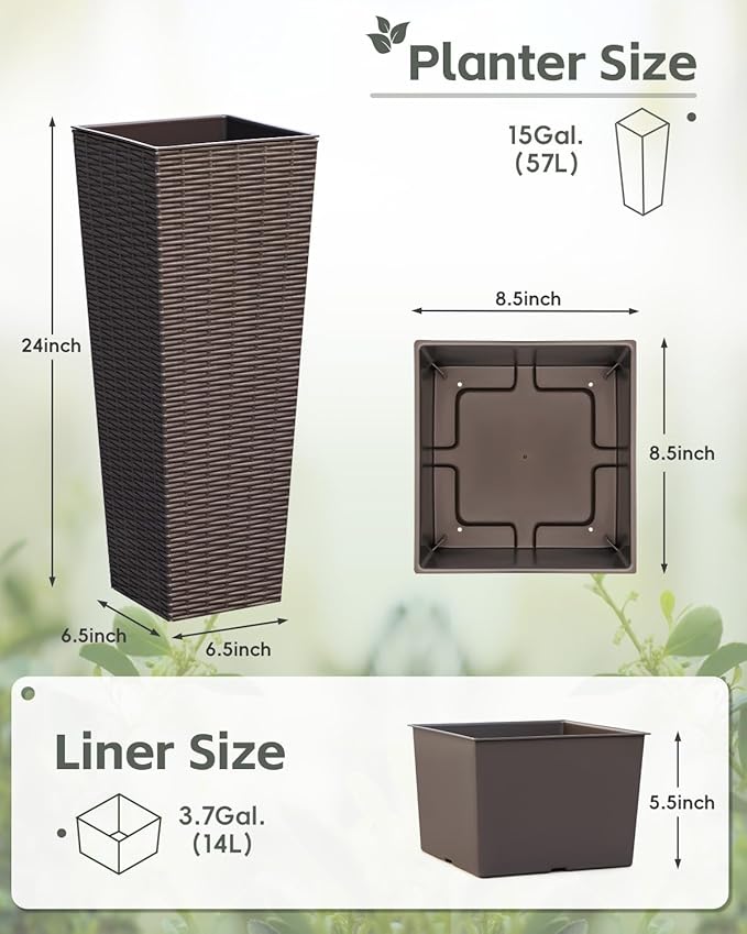 Greesum 24 Inch Tall Plastic Planters, Detachable Inner Pot & Drainage Holes - Image 7