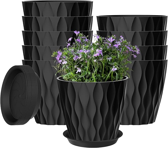 10 Pack 5 Inch Plant Pots with Drainage and Saucers, Stackable Nursery Planters by zople