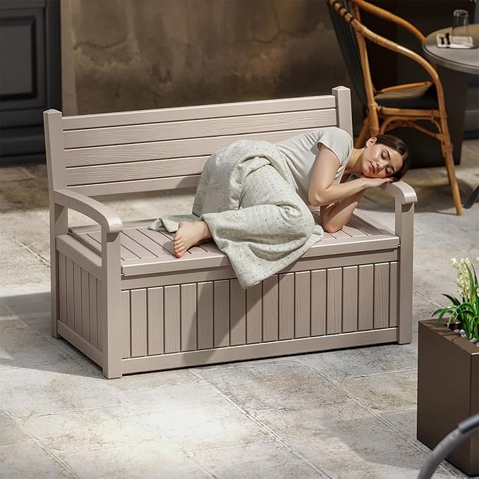 EasyUp 80 Gallon Wood Grain Style Outdoor Storage Bench, Waterproof and - Image 2