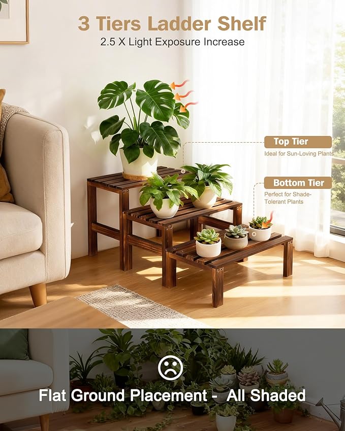 3 Tiered Wooden Plant Stand Shelf Indoor Outdoor, Corner Small Flower Pot Stand - Image 6