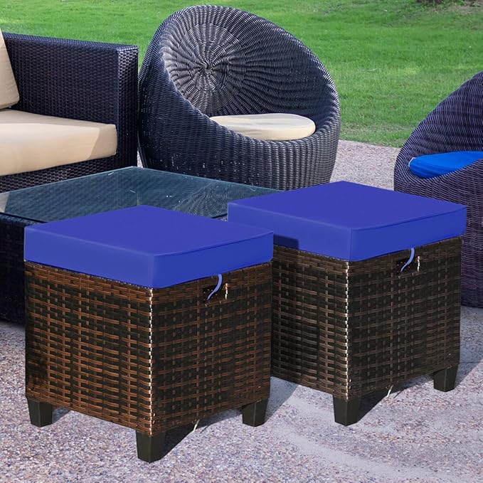 Tangkula 2 Pieces Outdoor Patio Ottoman, All Weather Rattan Wicker Ottoman Seat - Image 5