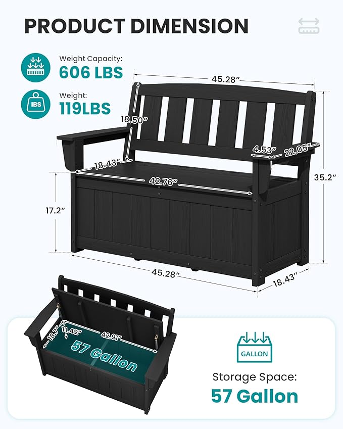 SERWALL HDPE Outdoor Storage Bench, All-Weather, UV-Resistant Deck Box - Image 3