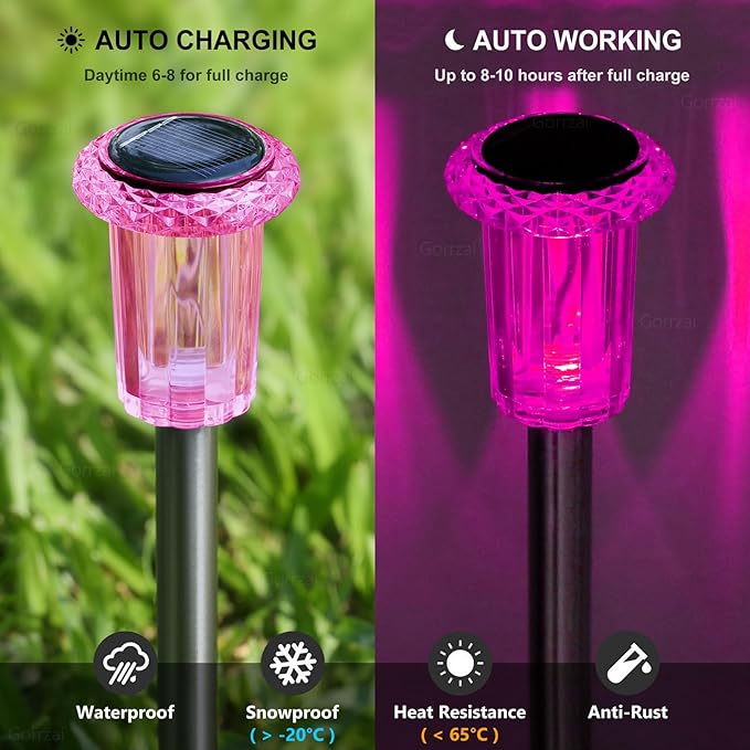 DenicMic Solar Lights Outdoor 10 Pack Waterproof Pink LED Stainless Steel Stake - Image 4