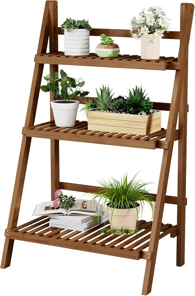 39.4" Bamboo Ladder Shelf Plant Shelf, 3 Tier Foldable Ladder Flower Pot by OAKVIVOElegantLifestyle
