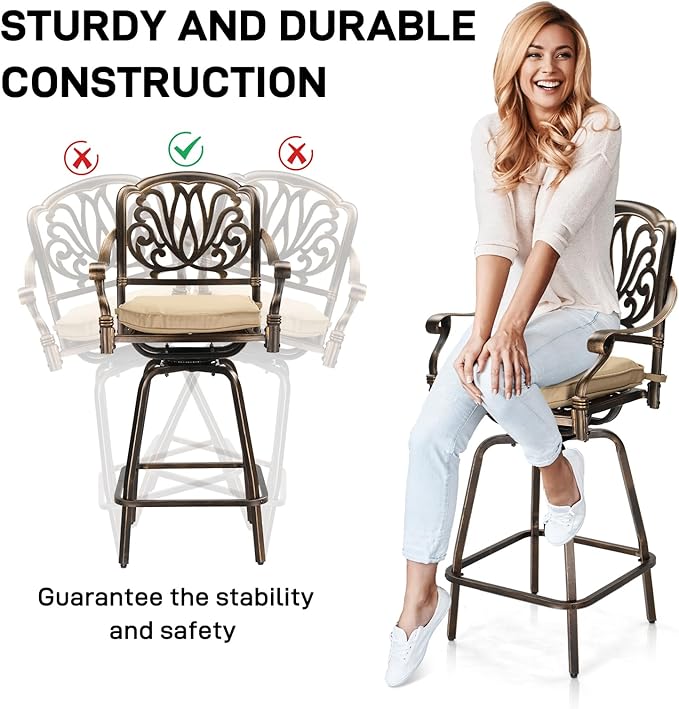 VINGLI Outdoor Swivel Bar Stools Set of 2, Cast Aluminum Patio Bar Height Chairs - Image 6