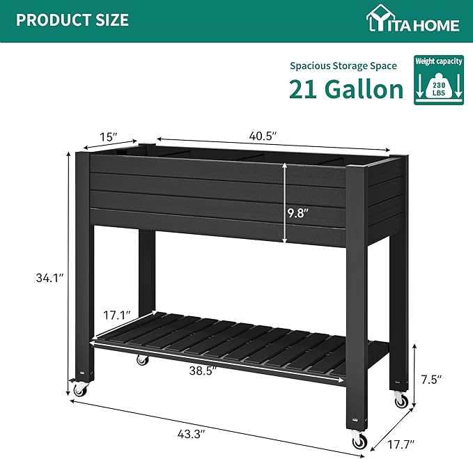 YITAHOME 43.3x17.7x34 in Elevated Garden Bed, Outdoor Plastic Planter Box - Image 6