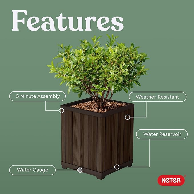 Keter Signature 21.6 Inch Tall Square Large Wood Look Planter - Image 4