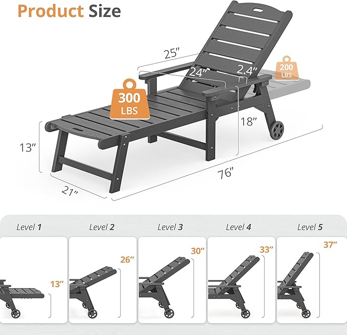 LUE BONA Outdoor Chaise Lounge Chairs Set of 4, HDPS Chaise Lounger, 5 - Image 3
